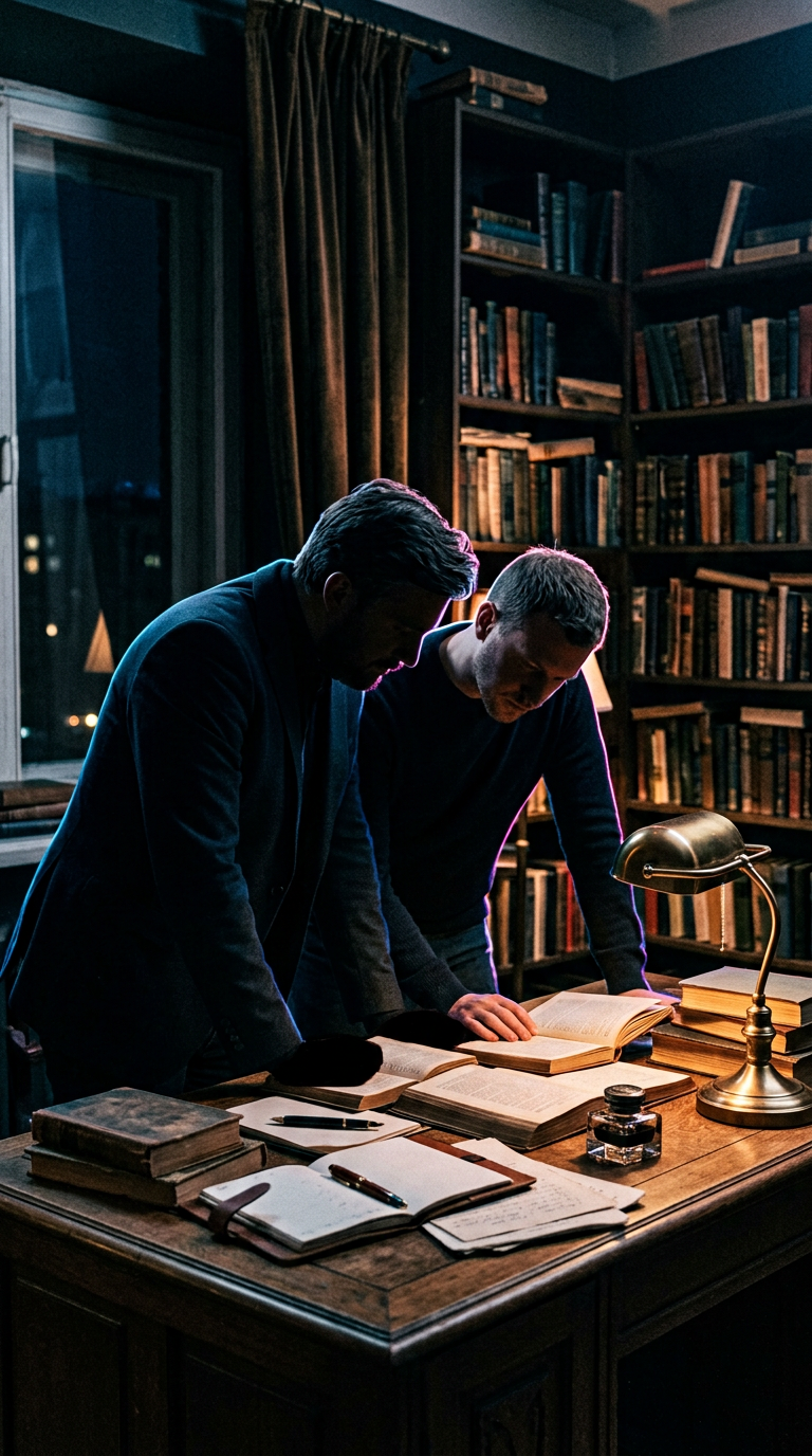 Two adults reading together in a warmly lit study