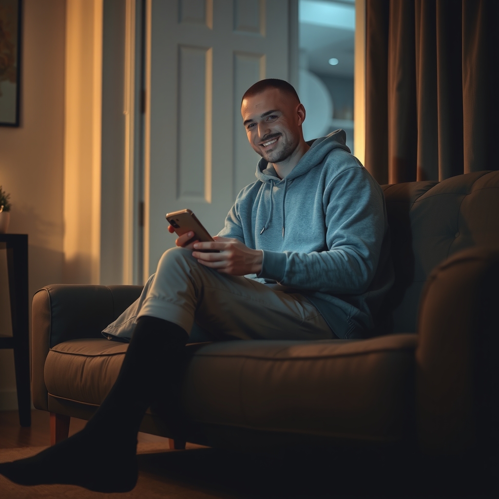 A man in a grey hoodie and dark socks on a couch at night lit by his phone, the apartment door behind him, anticipating smile.