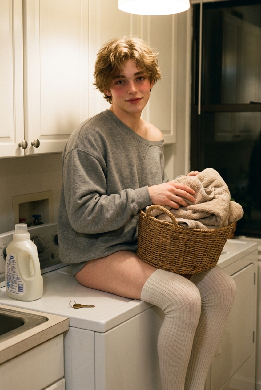 A cute boywife perched on a washing machine folding warm towels in an oversized off-shoulder sweatshirt and thigh-high socks.