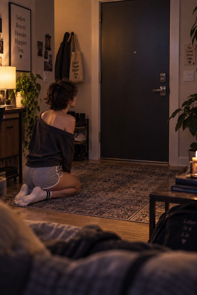 An adult waiting on the living-room floor near the apartment door.