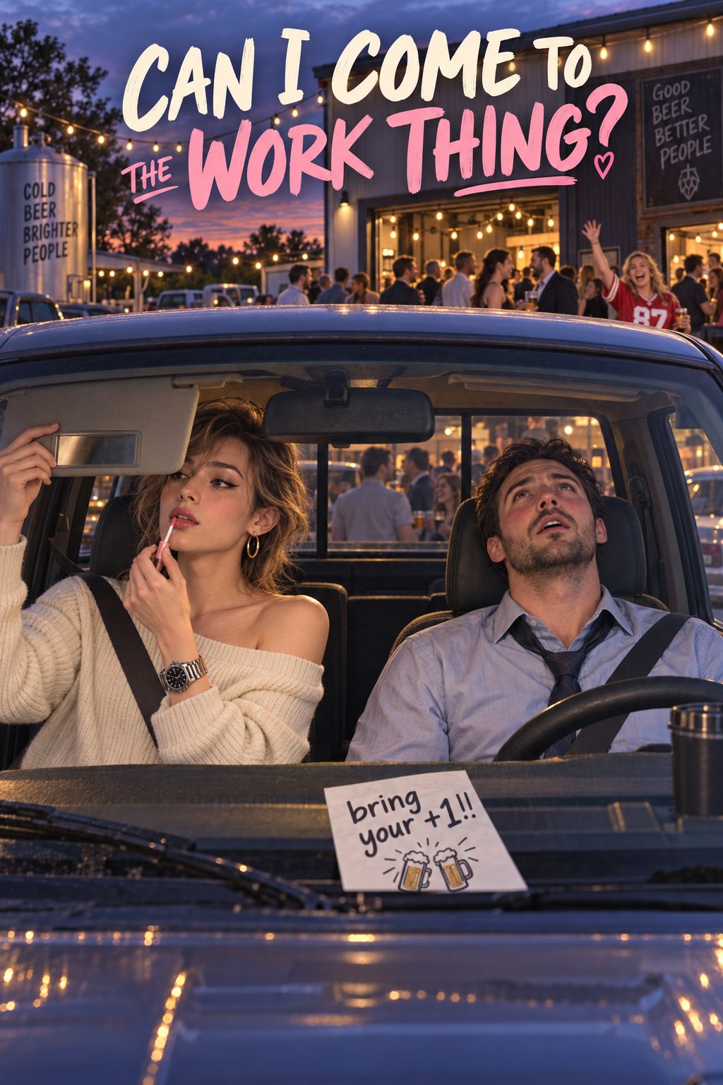 Two adults in a parked car outside a brewery party, one fixing lipstick in the visor mirror while the other sighs at the wheel.