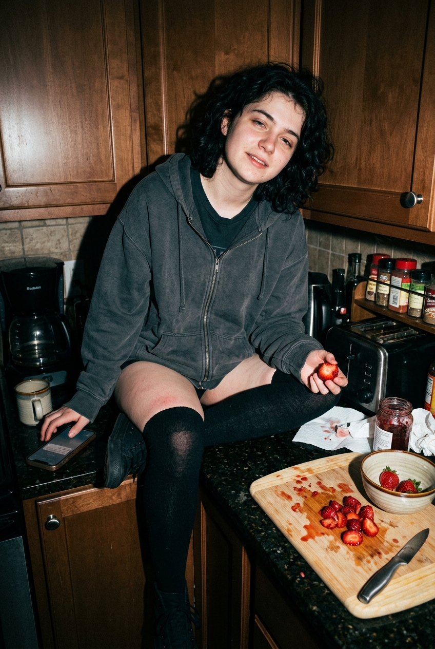 A 3 AM direct-flash kitchen photo of a femboy in an oversized grey hoodie and black thigh-highs on a quartz counter with crushed strawberries and an unlocked phone.