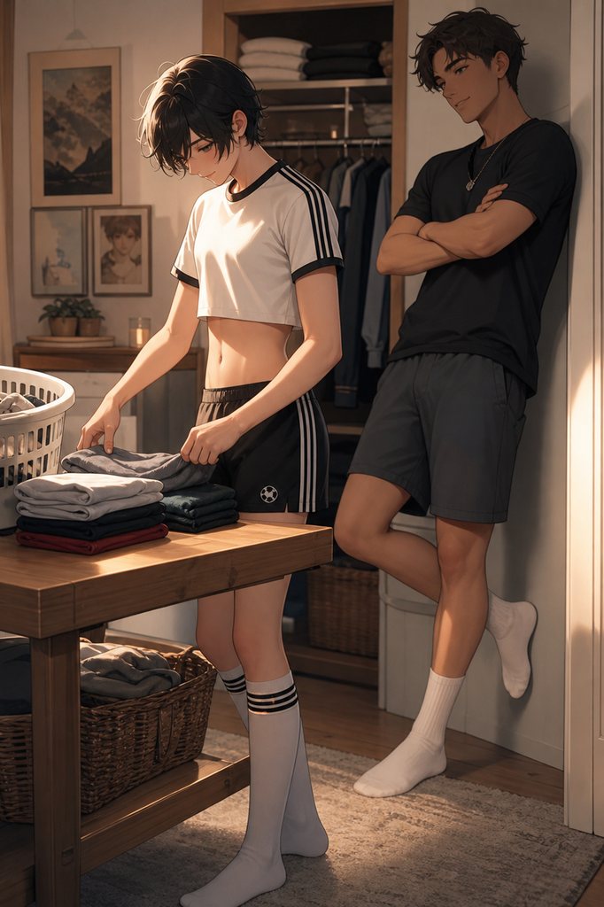 Two adult roommates folding laundry together at home.