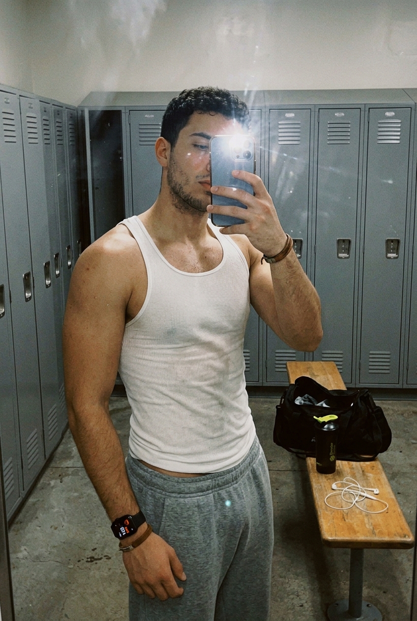 A 6:30 AM direct-flash locker room mirror selfie in a damp white tank top and low-slung sweatpants with a glowing Apple Watch showing 148 BPM.