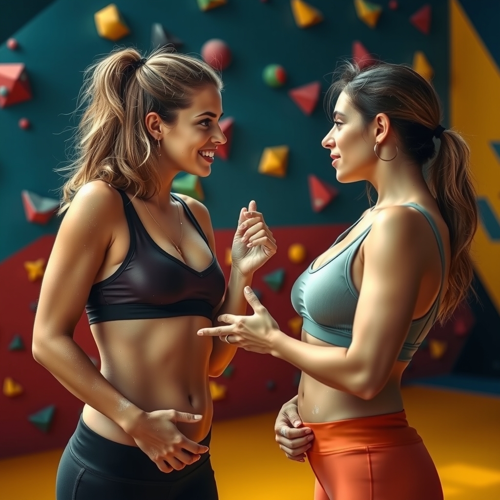 Two women in sports bras and leggings talking close at an indoor climbing wall, eyes locked.