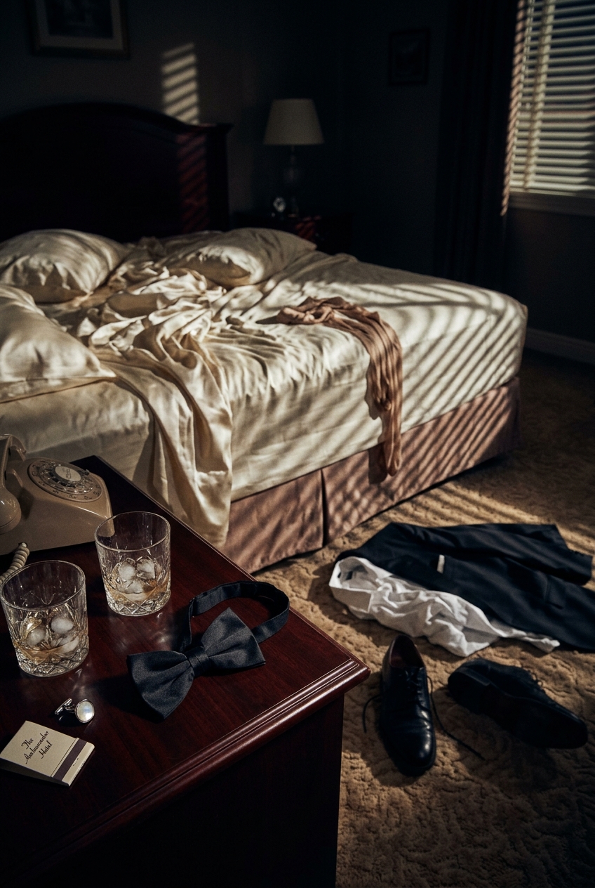 A 1950s noir hotel room with Venetian blind shadows across rumpled satin sheets, a loosened black silk tie on the nightstand, and discarded formalwear.