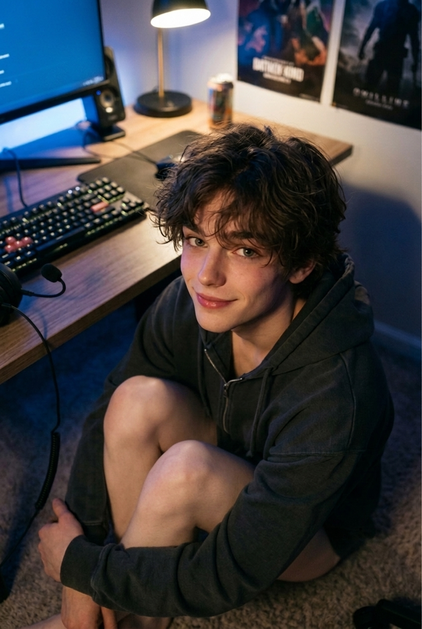 A cute femboy in an oversized gamer hoodie sitting on the carpet looking up with adoring doe eyes beside a glowing computer desk.