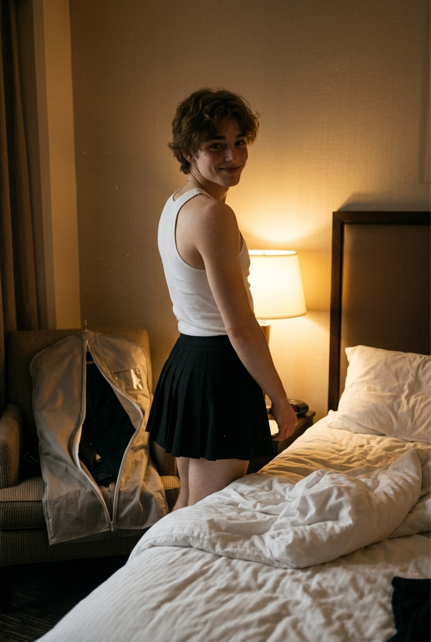 A cute femboy in a white ribbed tank top and black pleated skirt looking over his shoulder beside an unmade hotel bed before a rehearsal dinner.