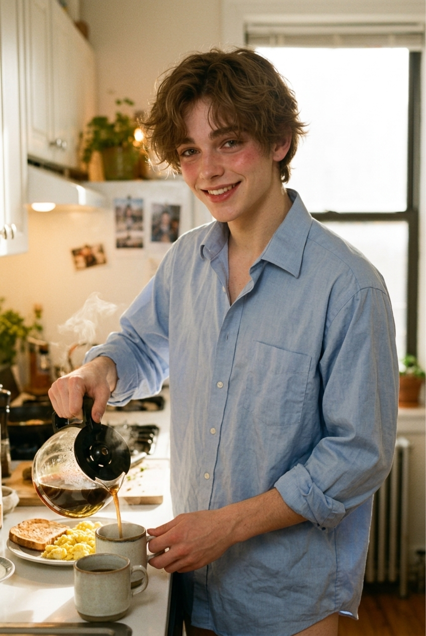 A soft, sleepy boywife in an oversized blue button-down shirt pouring morning coffee beside scrambled eggs in a sunny apartment kitchen.