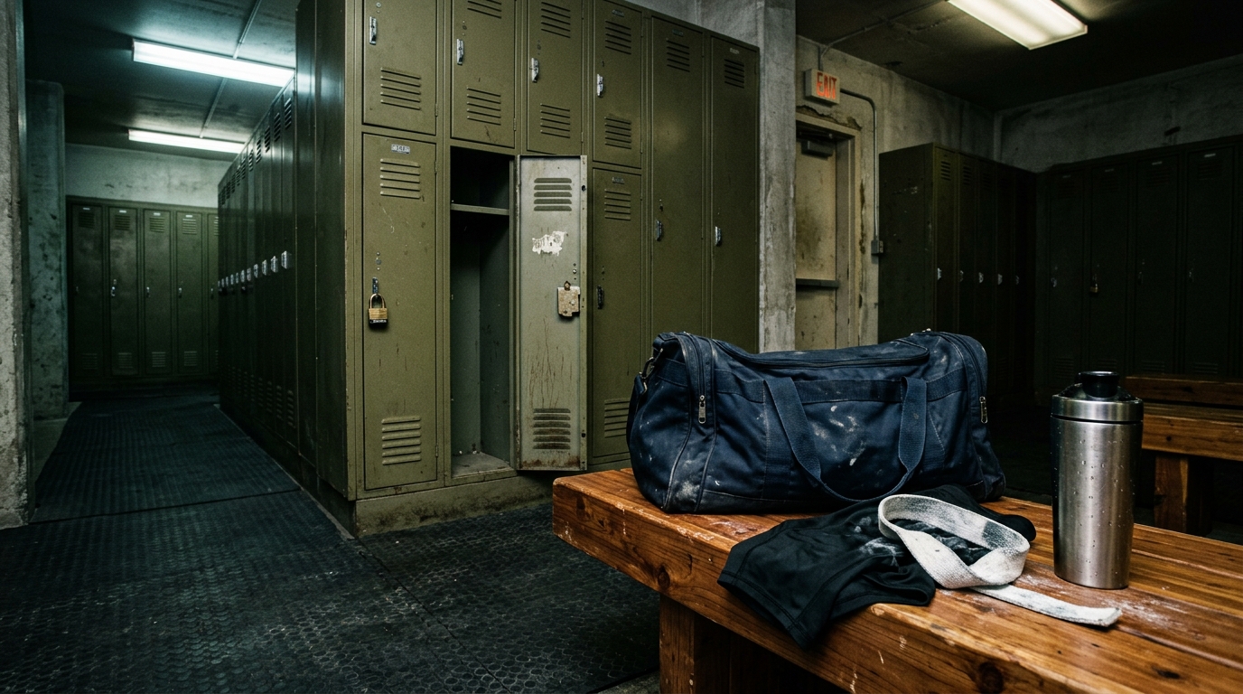 Dim locker room corridor: a half-open olive locker, a scuffed gym bag and a steel bottle on the wooden bench.