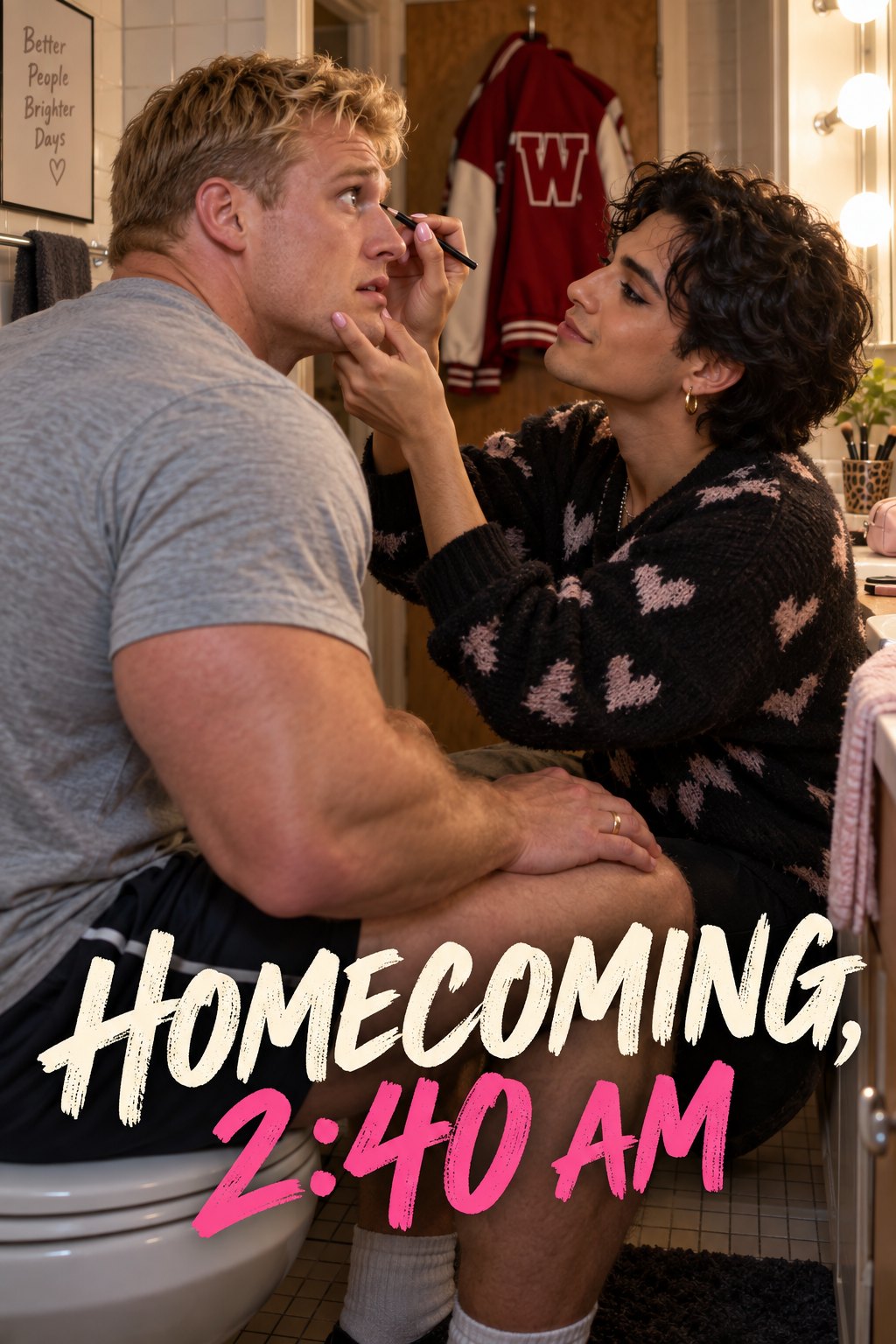 A broad-shouldered adult athlete sitting still while his friend carefully applies eyeliner in a dorm bathroom mirror.