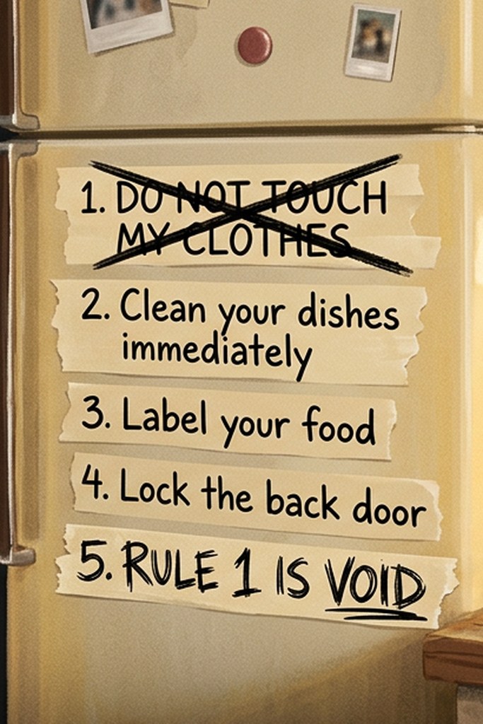 An adult housemate in a kitchen beside refrigerator house rules.