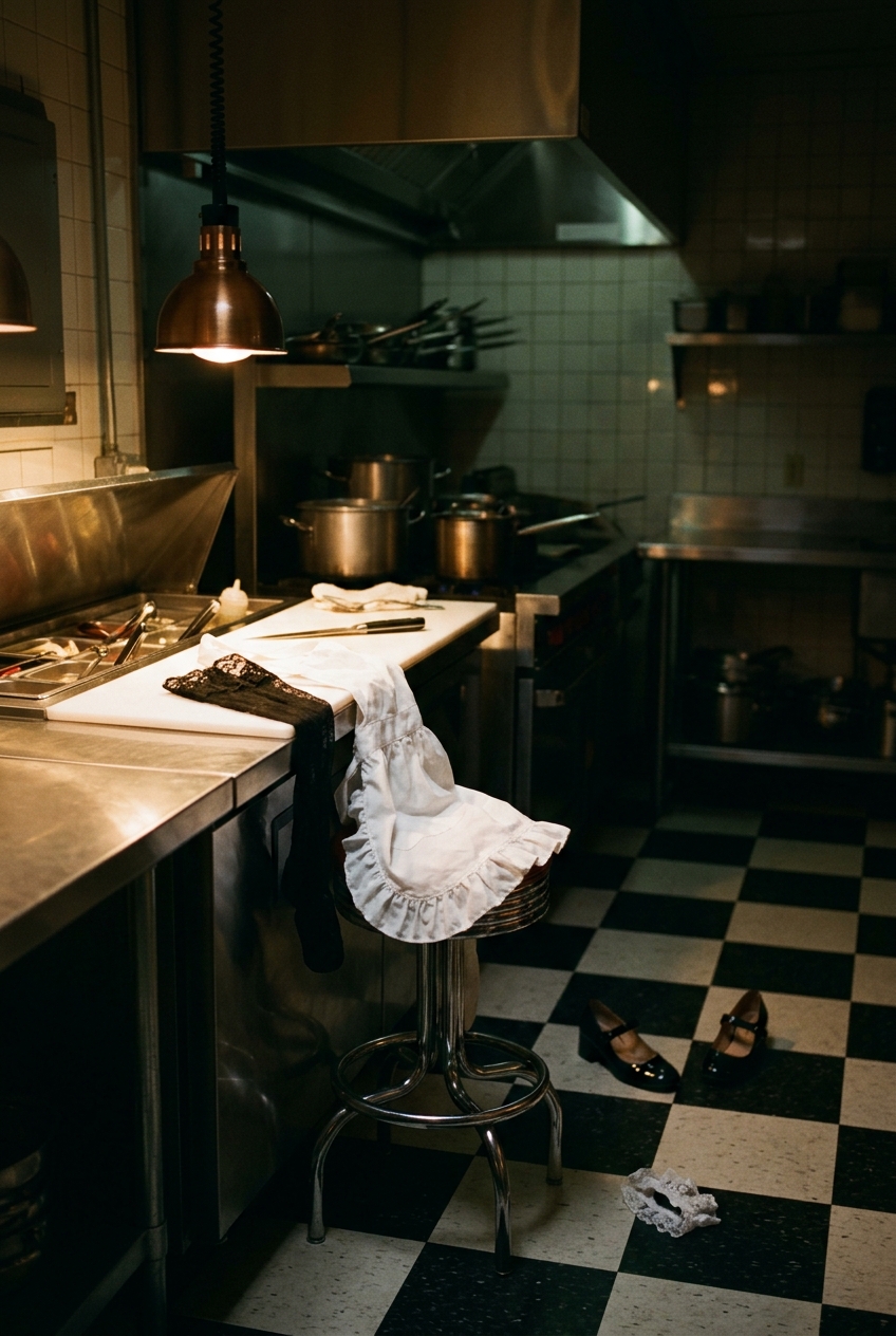 A moody retro diner kitchen after hours with a ruffled cafe apron and black lace thigh-high on the stainless prep counter, and mary-jane shoes on the checkered floor.