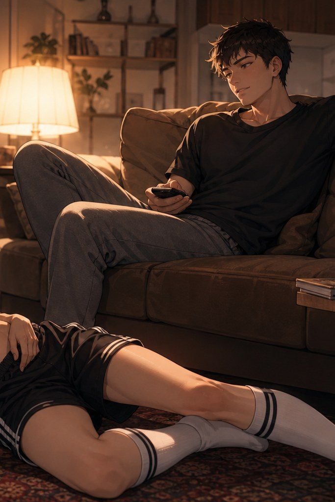 Two adult partners in a quiet living-room stress-relief ritual.