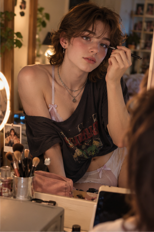A soft femboy secretly doing his makeup and eyeliner at a vanity mirror in an intimate apartment bedroom, surrounded by beauty supplies.