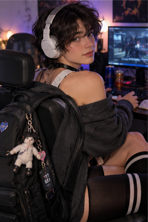 A cute femboy gamer girl in headphones turns from a gaming desk beside a backpack and glowing monitors.