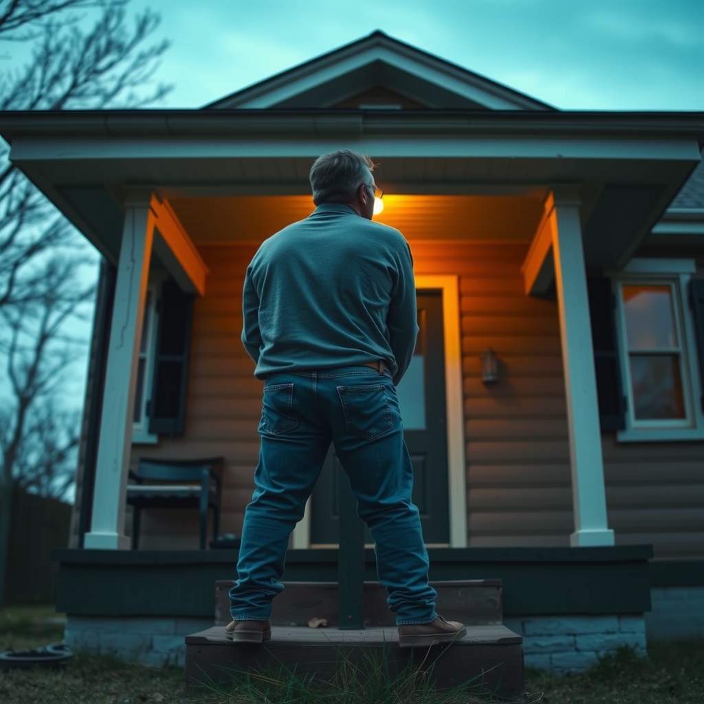 A man in jeans standing on a small-town porch under a glowing amber porch light at dusk.