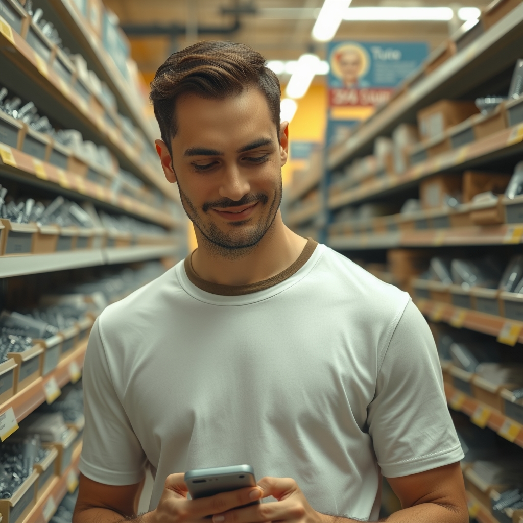A man in a white tee in a hardware-store aisle, smiling flushed at his phone.