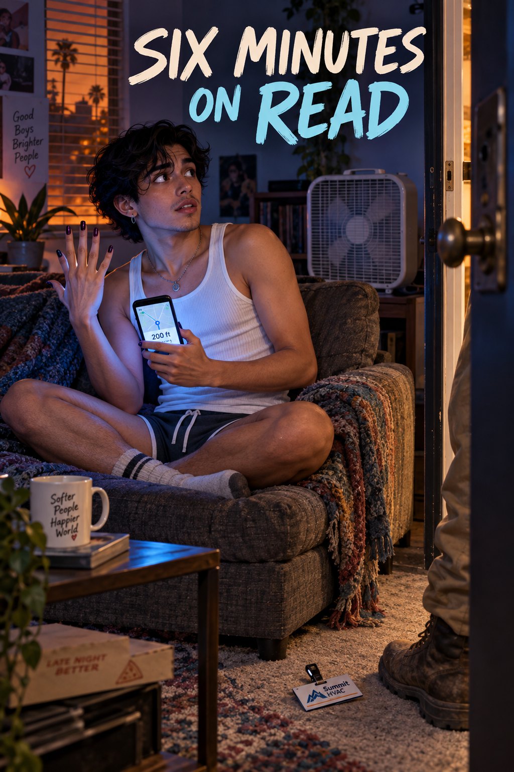An adult in a tank top on a couch holding up a phone, a box fan humming beside him in a warm apartment.