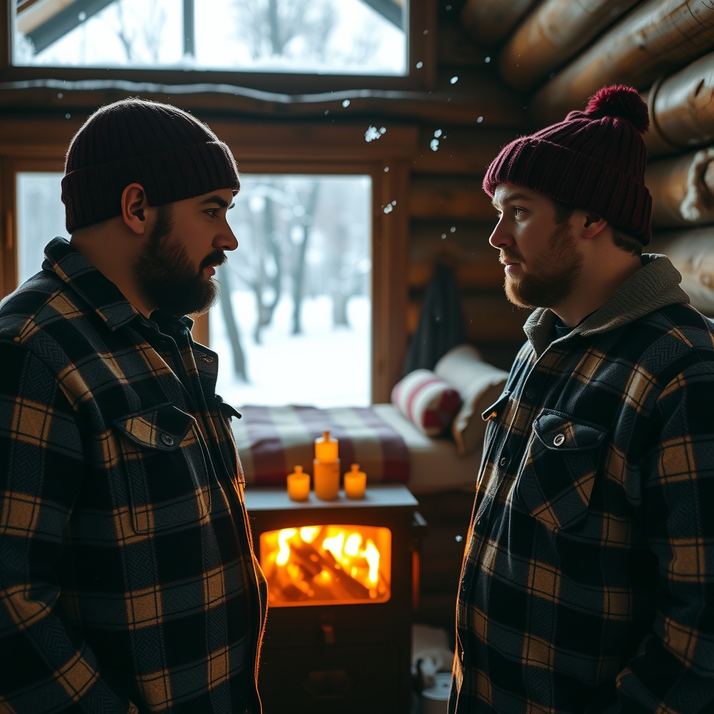 Two men in flannel and knit hats by a woodstove in a snowy cabin, a single bed behind them.