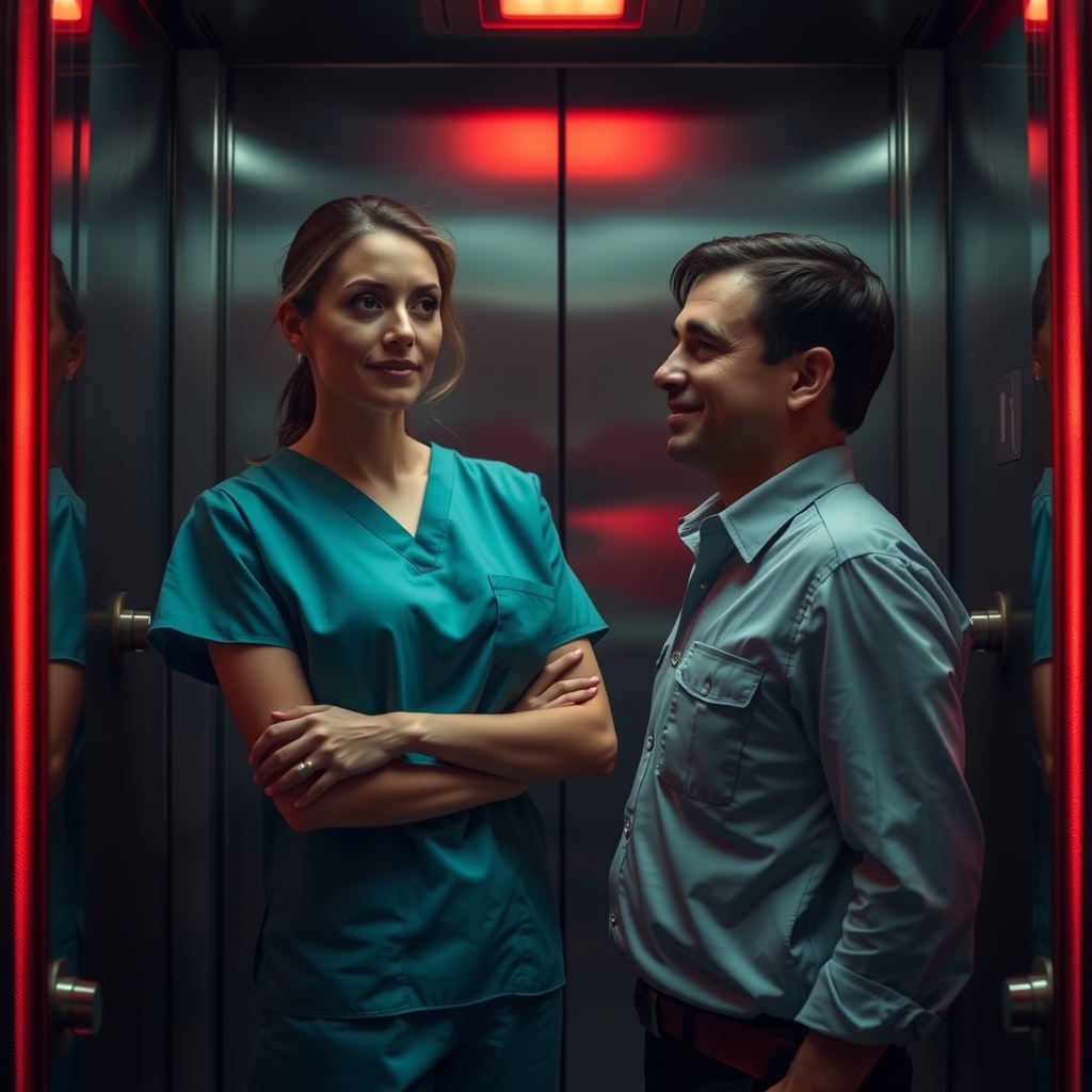 A woman in teal scrubs and a man in a work shirt standing close in a stalled elevator lit red by the emergency light.