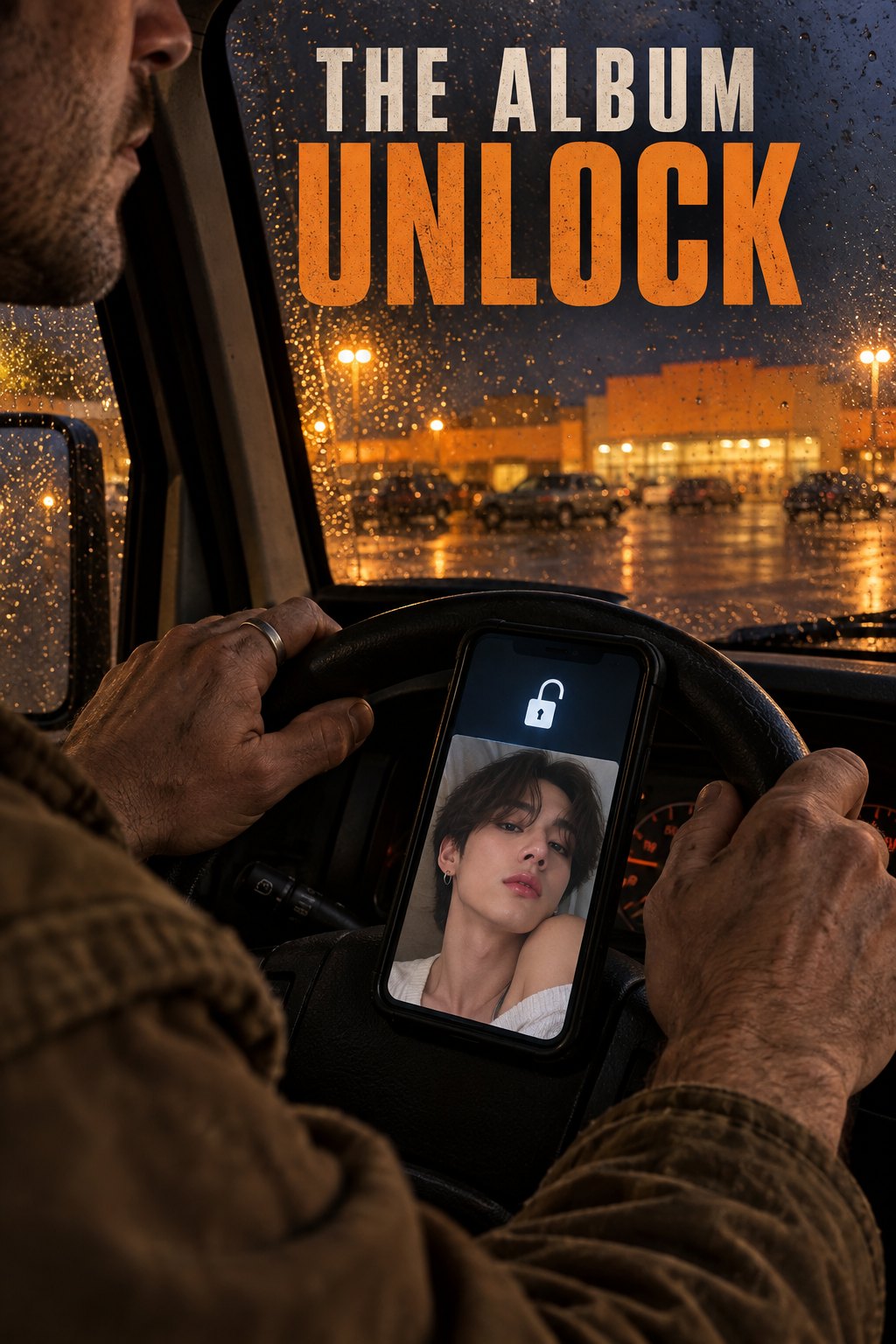 A man in a work jacket gripping a truck steering wheel, a phone on the dash showing an unlocked photo.