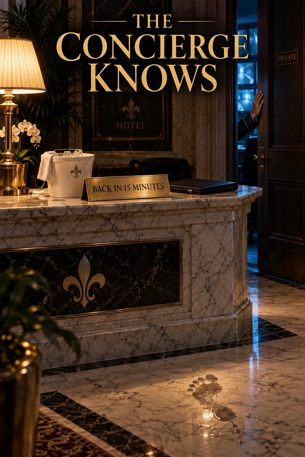An empty marble hotel lobby desk at night with a Back in 15 Minutes sign and footprints on the polished floor.