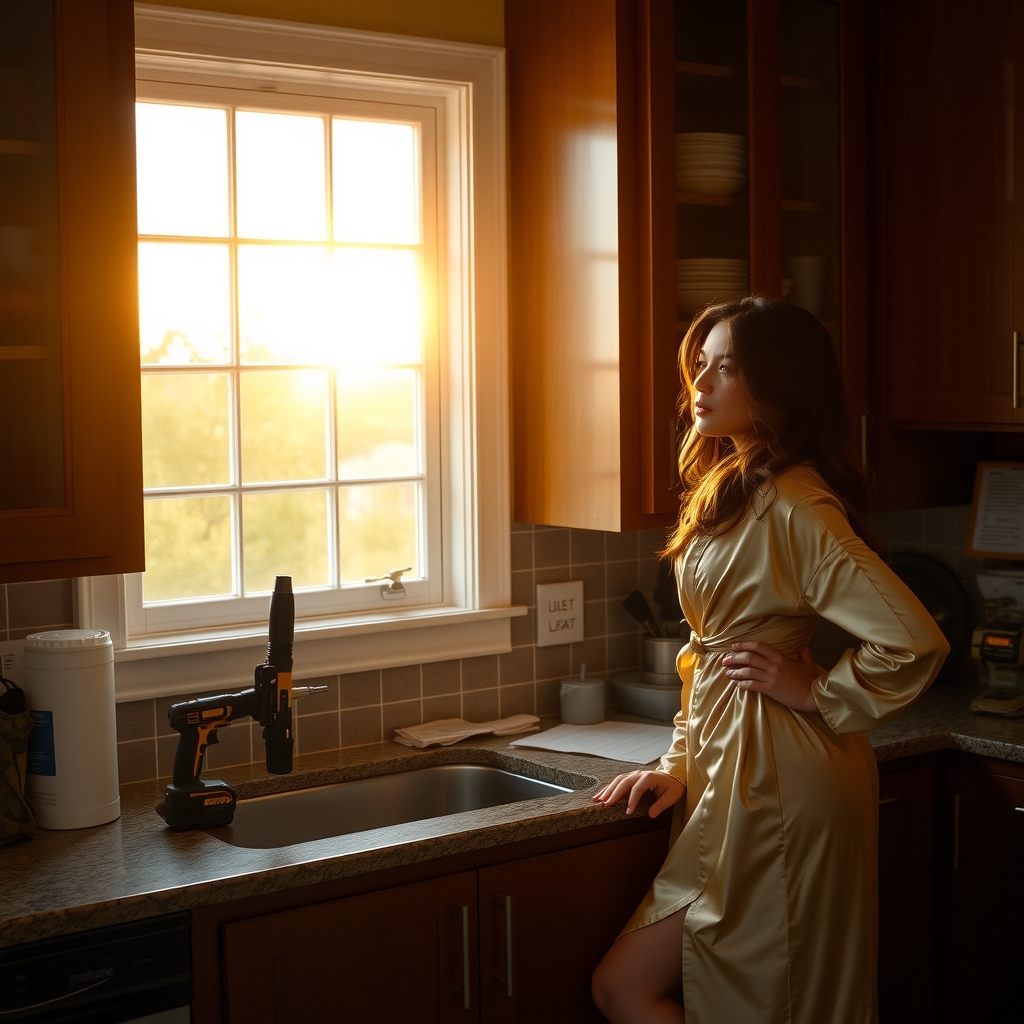 A woman in a silk robe leaning on a kitchen counter in golden afternoon light, a cordless drill beside her.