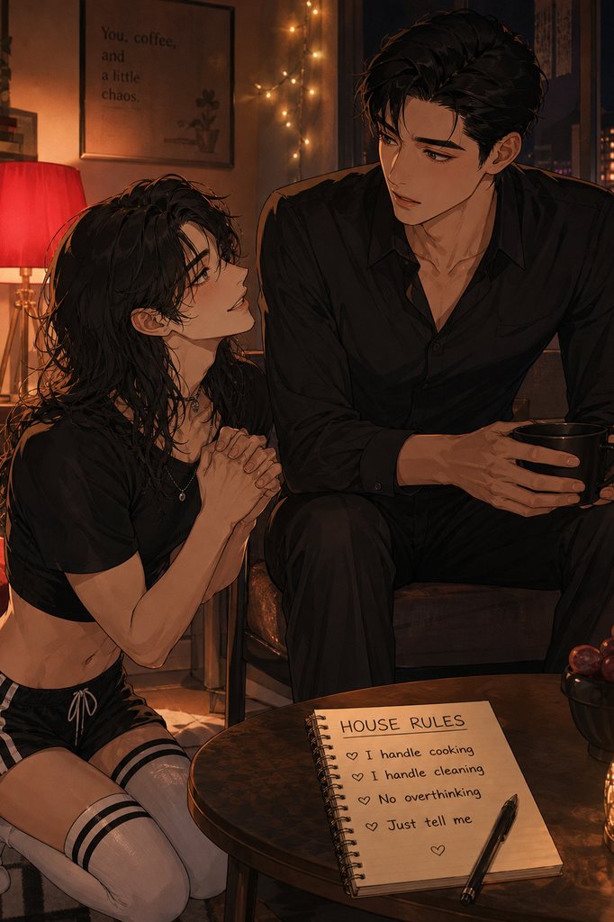 Two adult roommates with a written house-rules agreement in their shared apartment.