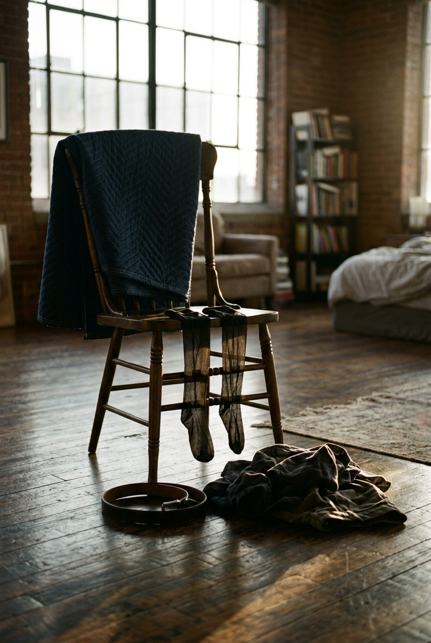 A vintage wooden chair with sheer black thigh-highs and a moving blanket beside an unbuckled belt in the late-afternoon sun.