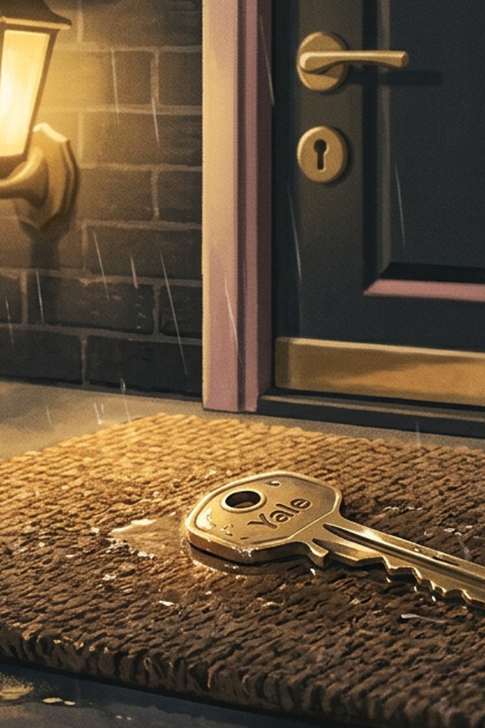 An adult arriving at a rain-darkened doorway with a house key.